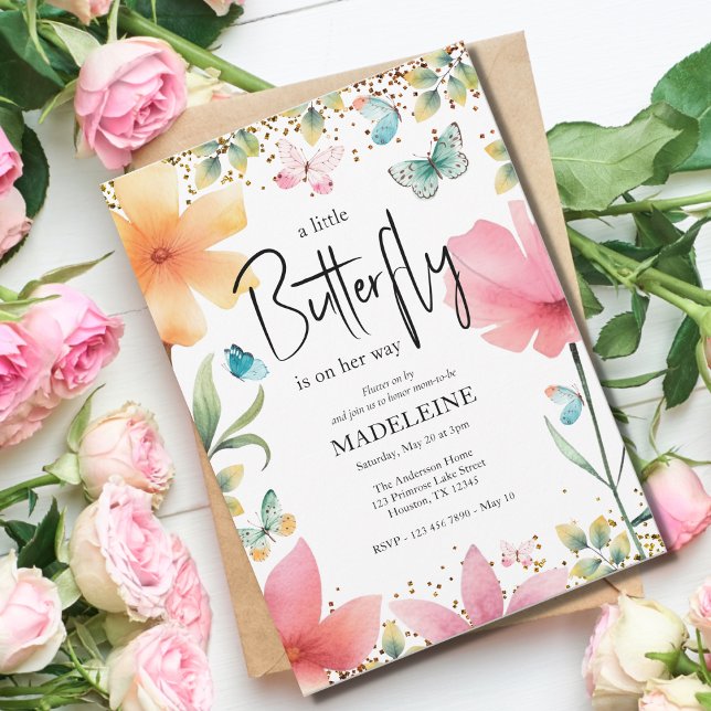 Invitación Una pequeña mariposa Purpurina Floral Baby Shower (Subido por el creador)