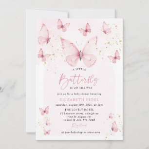 Invitación Una pequeña mariposa rosa dorada Baby Shower