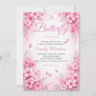 Invitación Una pequeña mariposa rosa floral niña baby shower