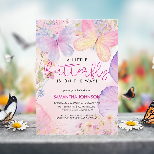 Invitación Una pequeña mariposa rosa florida jardín de bebé d (Subido por el creador)