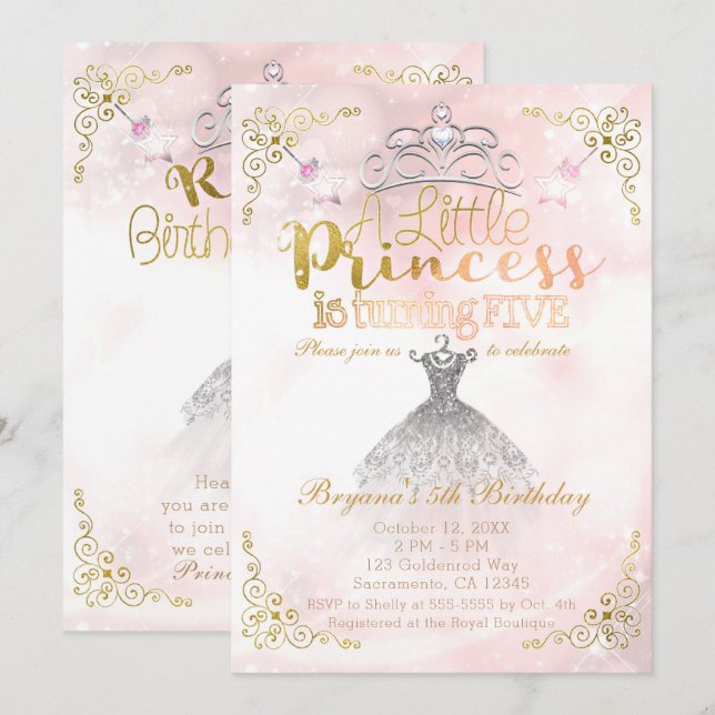 Invitación Una pequeña princesa cumple 5 años (Anverso / Reverso)
