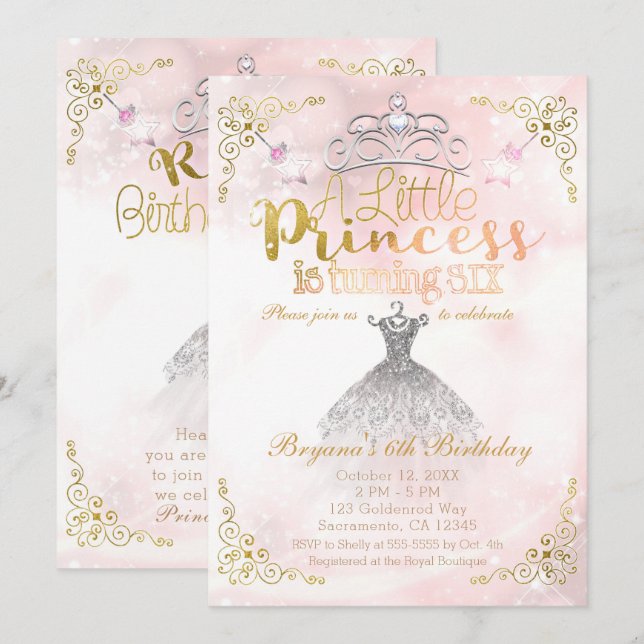Invitación Una pequeña princesa cumple 6 años (Anverso / Reverso)