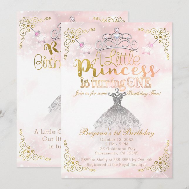 Invitación Una pequeña princesa que cumple UN año 1er cumplea (Anverso / Reverso)