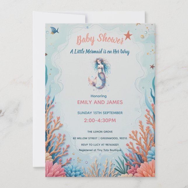 Invitación Una pequeña sirena de Baby Shower acuarela bajo el (Anverso)
