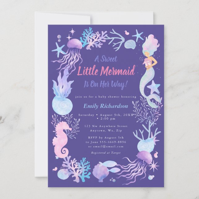 Invitación Una pequeña sirena dulce Cumpleaños niña bebe mora (Anverso)