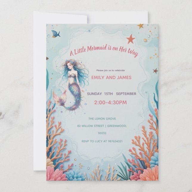 Invitación Una pequeña sirena en su camino a la Baby Shower o (Anverso)