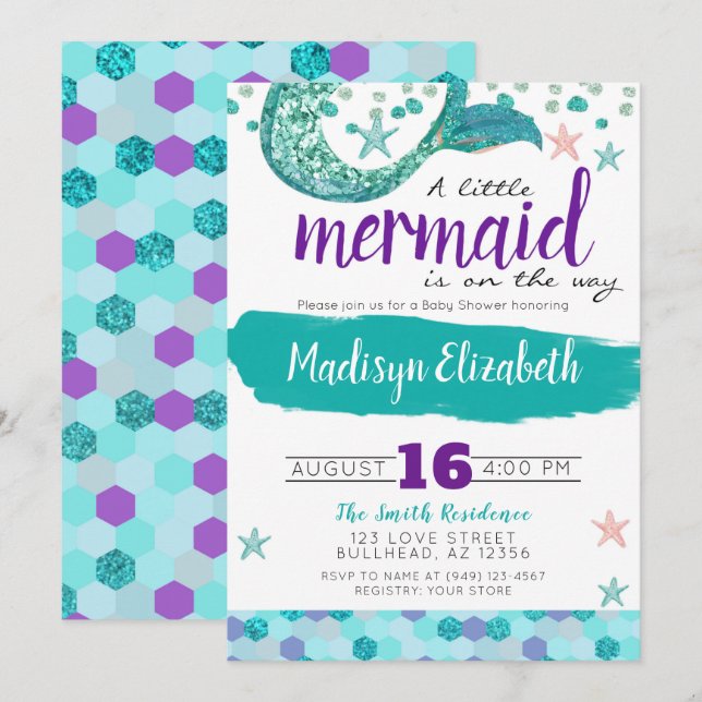 Invitación Una pequeña sirena está en camino a Baby Shower (Anverso / Reverso)