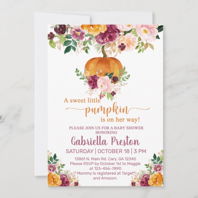 Invitación Una pequeña y dulce calabaza invita a una ducha de (Anverso)