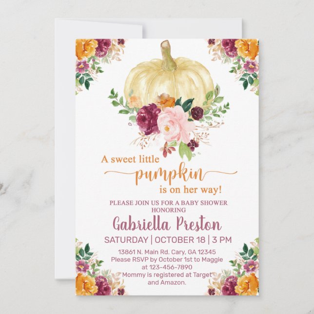 Invitación Una pequeña y dulce calabaza invita a una ducha de (Anverso)
