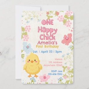 Invitación Una pollita feliz, floral cumpleaños 1