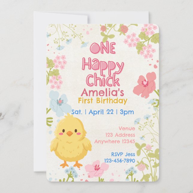 Invitación Una pollita feliz, floral cumpleaños 1 (Anverso)