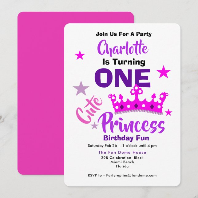 Invitación Una princesa linda 1er cumpleaños personalizada (Anverso / Reverso)