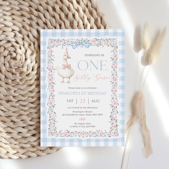 Invitación Una Silly Goose Girls Cumpleaños 1st Azul Gingham (Subido por el creador)