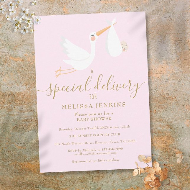 Invitación Una tienda de entrega especial Baby Shower Pink (A Special Delivery Stork Baby Shower / Sprinkle Invitation)