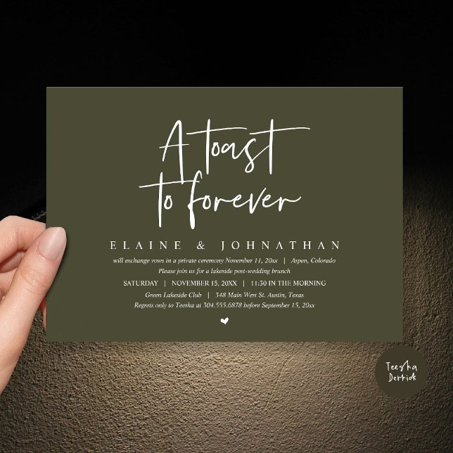 Invitación Una Tostada Para Siempre, Boda Elopement Brunch Fi (A Toast To Forever, Wedding Elopement Brunch Party Invitation Card, PDF, in Olive Green)