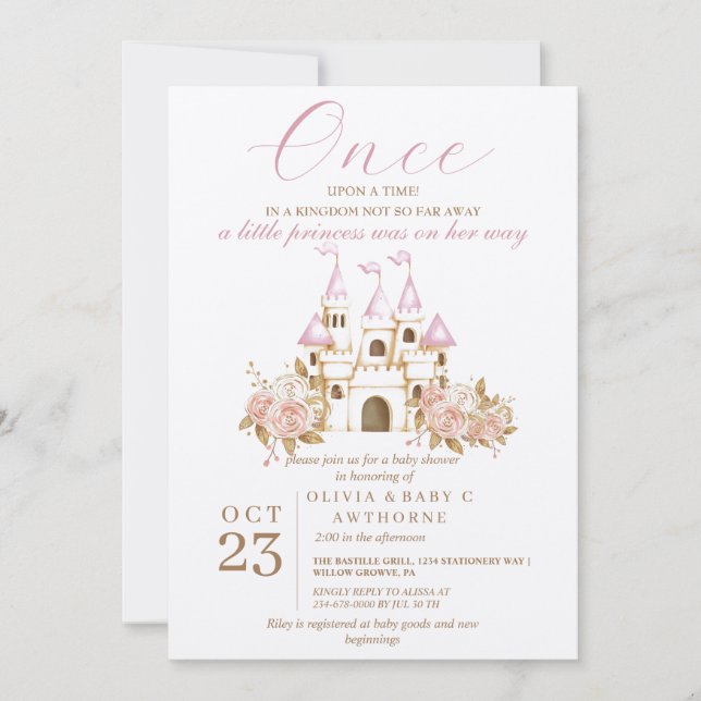 Invitación Una vez el Castillo Rosa Princesa Baby Shower (Anverso)
