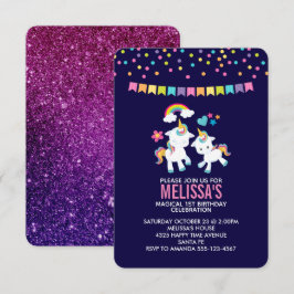 Invitación Unas cortinas y mágicas Unicornios con arcoiris y 