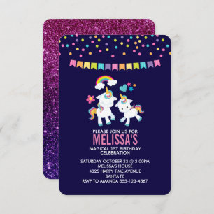 Invitación Unas cortinas y mágicas Unicornios con arcoiris y
