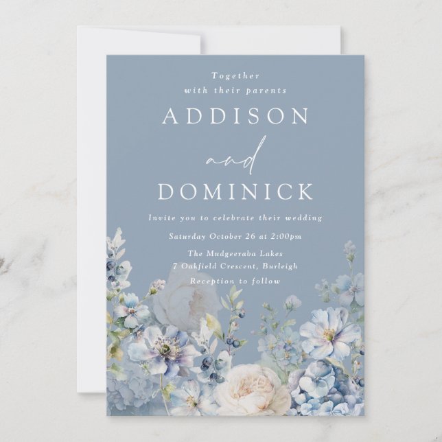 Invitación Unas flores azules deliciosas y una elegante boda (Anverso)