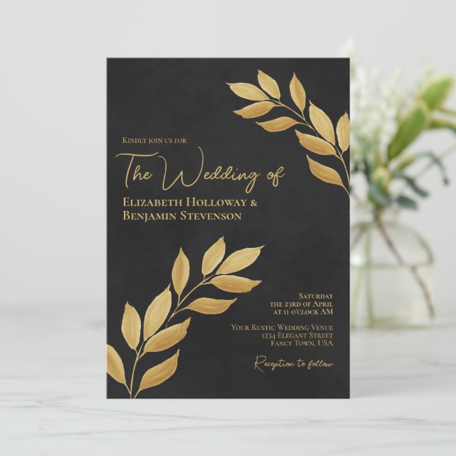 Invitación Unas hojas de lujo elegante Moda Boda negro y oro (Anverso de pie)