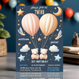 Invitación Únase al oso conjunto Hot Air Balloon Twins 1er cu
