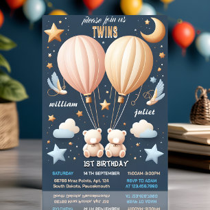 Invitación Únase al oso conjunto Hot Air Balloon Twins 1er cu