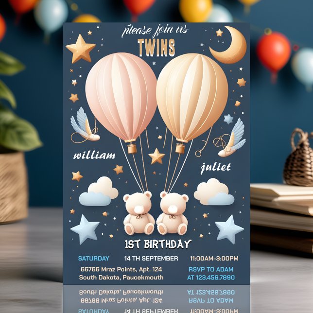 Invitación Únase al oso conjunto Hot Air Balloon Twins 1er cu (Subido por el creador)
