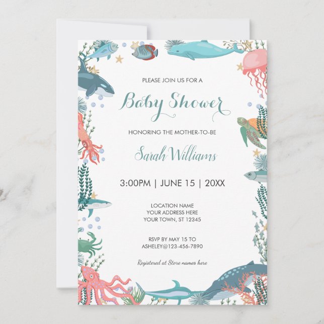 Invitación Under Sea Cute Ocean Animals Baby Shower RSVP (Anverso)