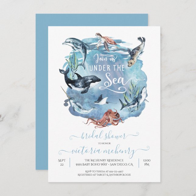 Invitación Under Sea Watercolor Bridal Baby Shower (Anverso / Reverso)
