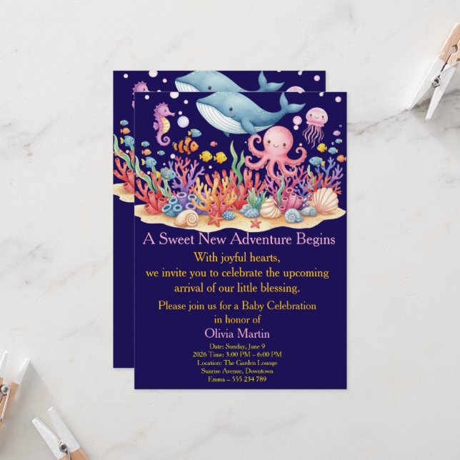 Invitación Under Sea Whale Baby Shower Custom Invitation (Anverso/Reverso In Situ)