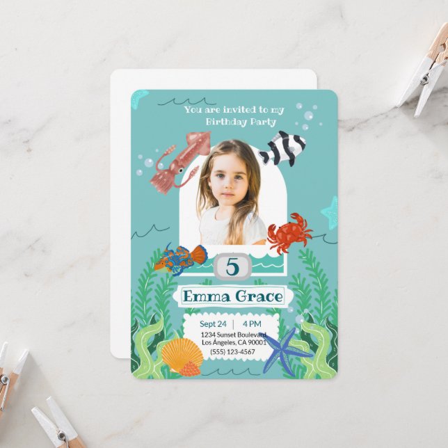 Invitación Under the Sea 5th Birthday Invitation with Photo  (Anverso/Reverso In Situ)