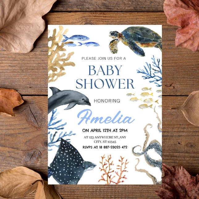 Invitación "Under the Sea" acuarela Ocean Life Baby Shower ("Under the Sea" Watercolor Ocean Life Baby Shower Invitation)