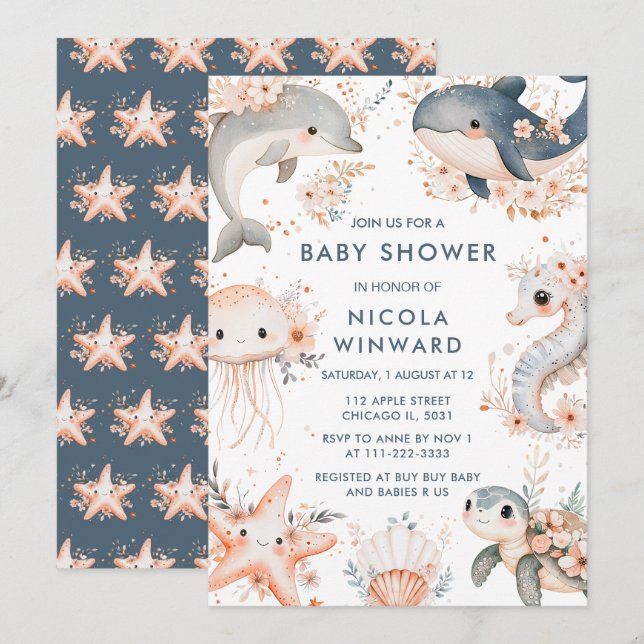 Invitación Under the Sea Animals Baby Shower (Anverso / Reverso)