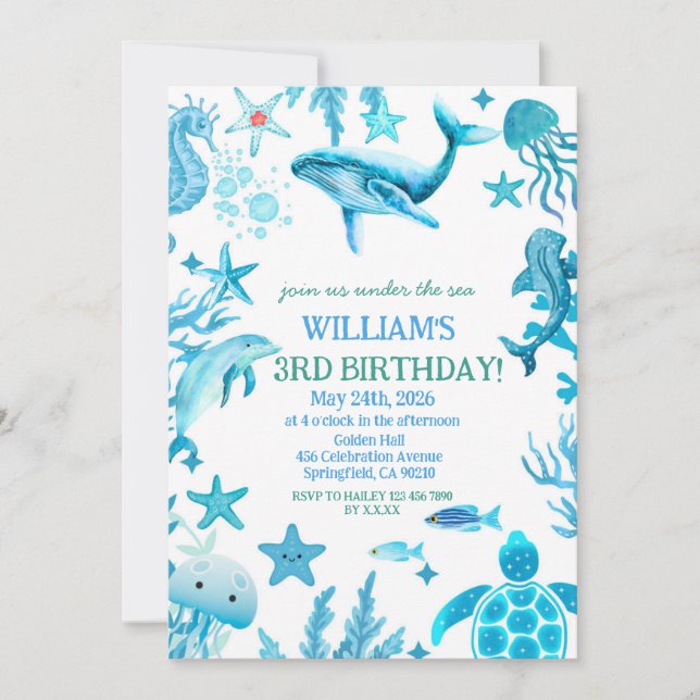 Invitación Under the Sea birthday invitation, ocean boy  (Anverso)