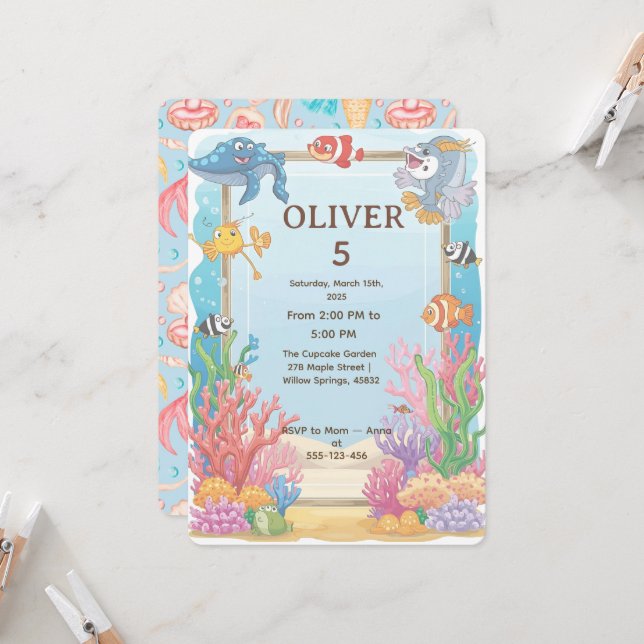 Invitación Under the Sea Birthday Invitation, Oliver 4th  (Anverso/Reverso In Situ)