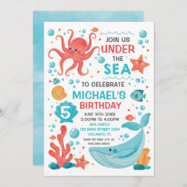Invitación Under the Sea blue and coral birthday i