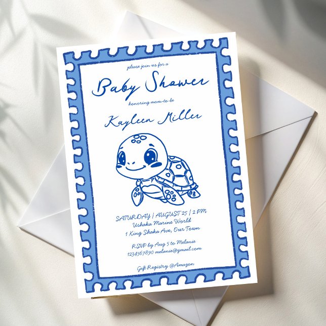 Invitación Under the sea blue cute turtle baby shower (Under the sea turtle blue cute hand drawn post stamp turtle baby shower invitation cards template )