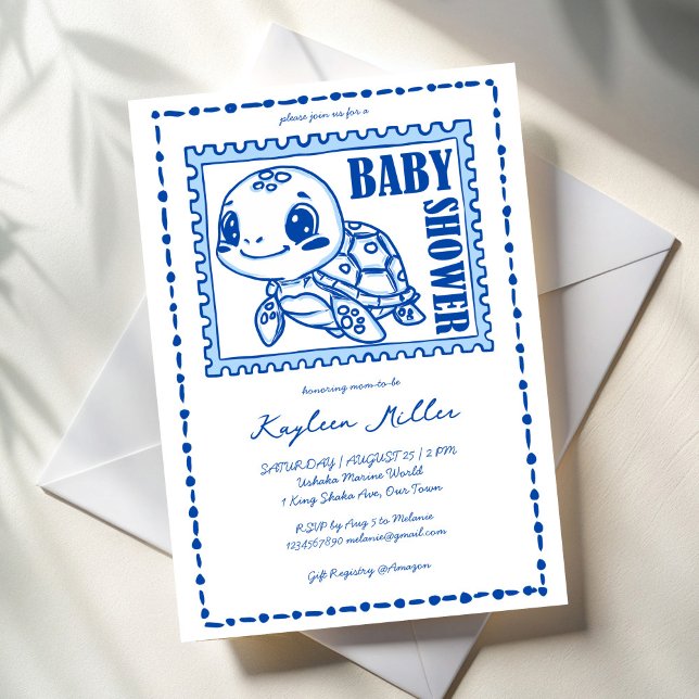 Invitación Under the sea blue cute turtle baby shower (Under the sea blue cute turtle baby shower invitation cards template hand drawn post stamp turtle)