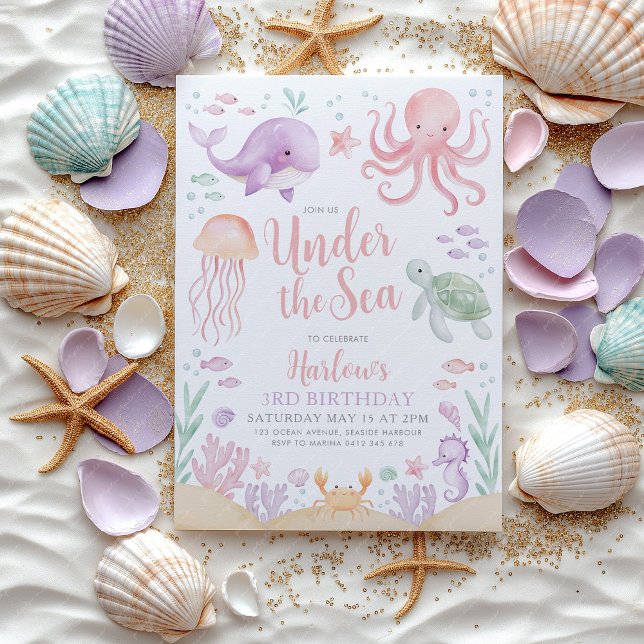 Invitación Under the Sea Chica Birthday Pink (Under the Sea Birthday Invitation | Ocean animal theme in purple pink)