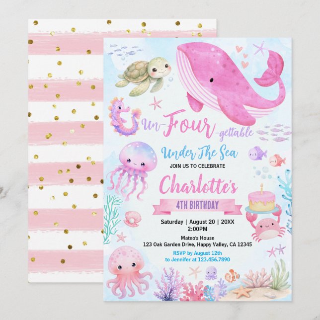Invitación Under The Sea Cumpleaños 4 Años Rosa (Anverso / Reverso)