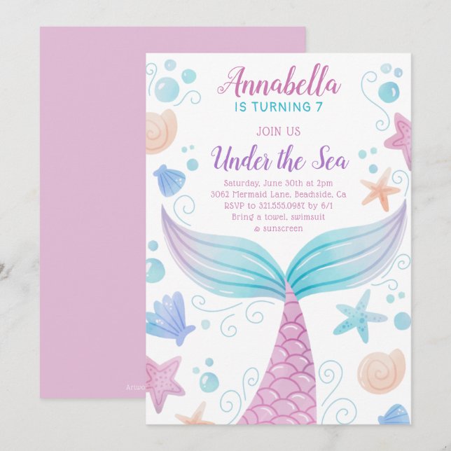 Invitación Under the Sea Cute Girl Mermaid Birthday (Anverso / Reverso)