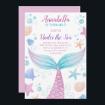 Invitación Under the Sea Cute Girl Mermaid Birthday<br><div class="desc">Cute girl birthday invitation featuring an "Under the Sea" theme with a watercolor painted mermaid tail,  bubbles and seashells in pink,  purple and teal.  This pretty kids birthday party invitation is perfect for a summer celebration.</div>