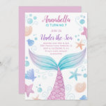Invitación Under the Sea Cute Girl Mermaid Birthday<br><div class="desc">Cute girl birthday invitation featuring an "Under the Sea" theme with a watercolor painted mermaid tail,  bubbles and seashells in pink,  purple and teal.  This pretty kids birthday party invitation is perfect for a summer celebration.</div>