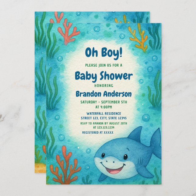 Invitación Under the Sea Cute Shark Boy Baby Shower (Anverso / Reverso)
