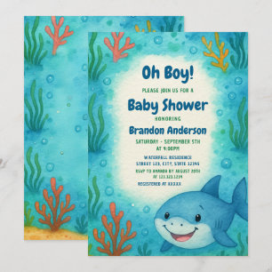 Invitación Under the Sea Cute Shark Boy Baby Shower