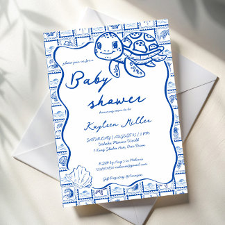 Invitación Under the sea cute turtle blue baby shower