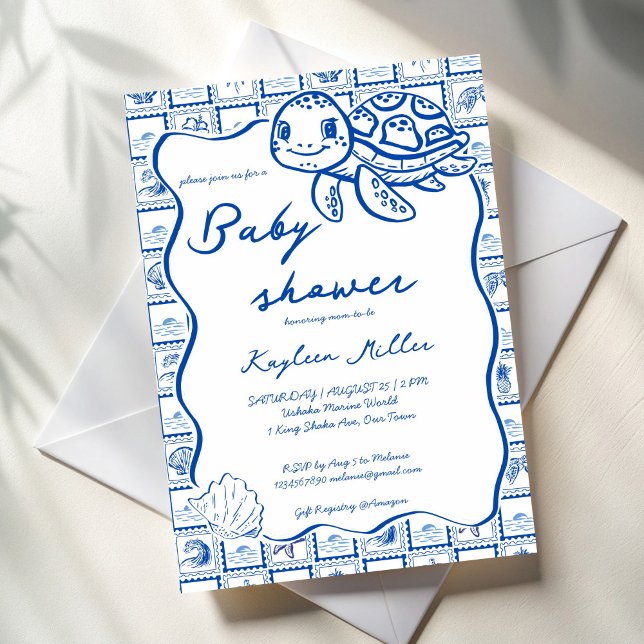 Invitación Under the sea cute turtle blue baby shower (Under the sea cute turtle blue post stamps wavy border baby shower invitation cards template)