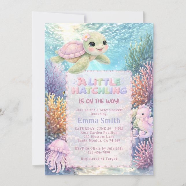 Invitación Under the Sea Cute Turtle Girl Baby Shower (Anverso)