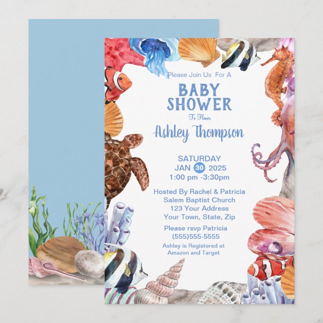 Invitación Under the Sea Life Blue Baby Shower (Anverso / Reverso)
