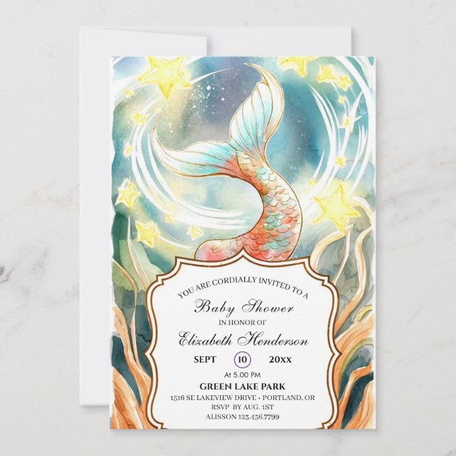 Invitación Under the Sea Mermaid Baby Shower (Anverso)